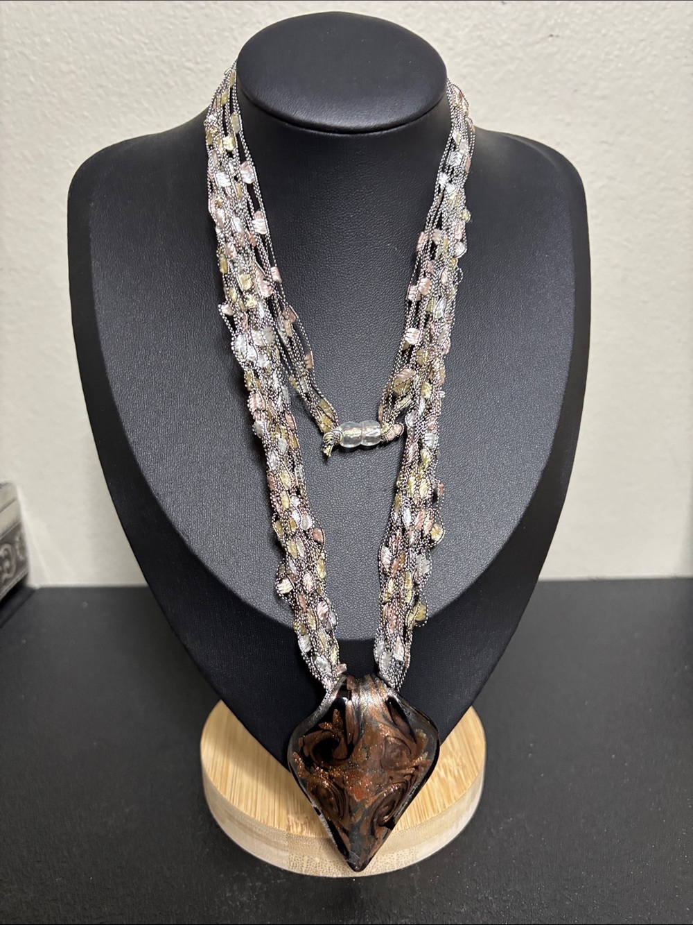 Multi-Strand Ribbon Dichroic Glass Pendant Necklace in Brown and Gold Tones
